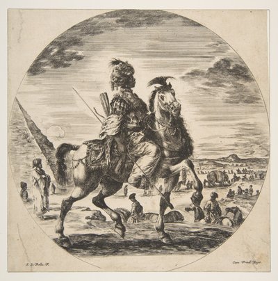 Mór lovas profilban jobbra, háttérben balra piramis, sok fi..., kb. 1651. alkotó: Stefano della Bella