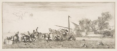 Tengerészeti csata, balra egy evezős csónak muskétákkal harcoló emberekkel, emberek fulladnak meg..., kb. 1641. alkotó: Stefano della Bella