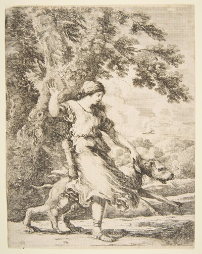 Nymfa egy nagy kutyát a nyakörvnél tartva, kb. 1654. alkotó: Stefano della Bella