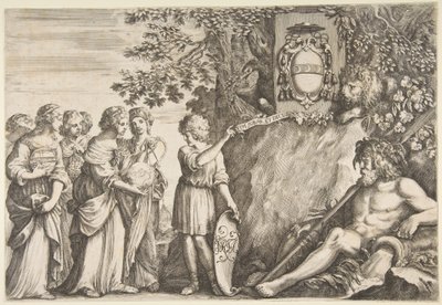 Díszterv egy szakdolgozathoz, felül a Strozzi-címer, kb. 1660. alkotó: Stefano della Bella