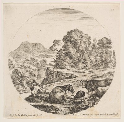 10. tábla: középen fekvő ló, jobb oldalon egy tehén és két kecske, két ülő juhász..., kb. 1646. alkotó: Stefano della Bella