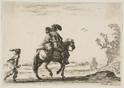 10. tábla: egy lovas és egy nő, hátulról, jobbra lovagol egy fiatal ..., 1642. alkotó: Stefano della Bella