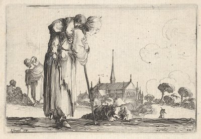 10. tábla: jobbra fordult parasztasszony gyermekkel a hátán, fiú lyi..., kb. 1642. alkotó: Stefano della Bella