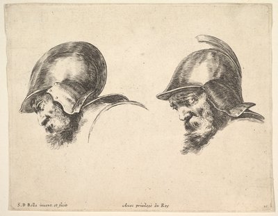 10. tábla: két sisakos öreg katona feje, mindkettő balra és lefelé néz..., kb. 1641. alkotó: Stefano della Bella