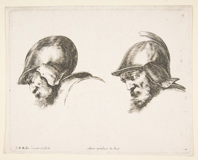 10. tábla: két sisakos öreg katona feje, mindkettő balra és lefelé néz..., kb. 1641. alkotó: Stefano della Bella