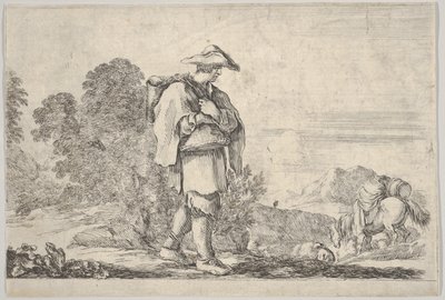 11. tábla: középen kalapot viselő paraszt, jobbra sétál, ló ereszkedik..., kb. 1641. alkotó: Stefano della Bella