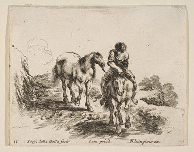 11. tábla: egy fiatal lovas, szemből nézve, egy másik lovat vezet, a Divertől..., kb. 1644-47. alkotó: Stefano della Bella
