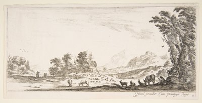 11. tábla: pásztorlány ül jobbra egy fa alatt, és nézi, ahogy balra nyelkedik..., kb. 1641. alkotó: Stefano della Bella