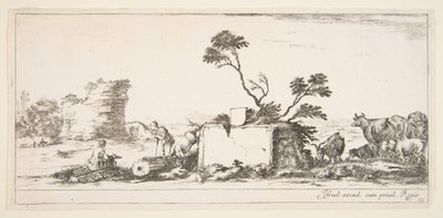 12. tábla: balra ülő rajzoló, jobbra mellette álló pásztor, rom..., kb. 1641. alkotó: Stefano della Bella