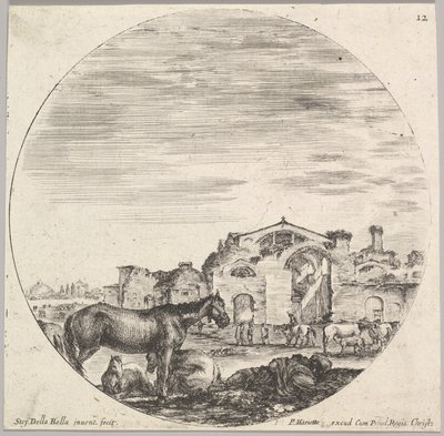 12. tábla: jobbra a földön alvó pásztor, balra három ló, másik h..., kb. 1643-48. alkotó: Stefano della Bella