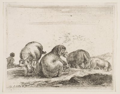 12. tábla: juhok és kosok a legelőn, különféle állatokból Diversi animali, kb. 1641. alkotó: Stefano della Bella