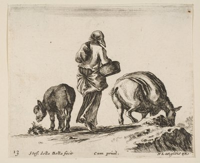 13. tábla: parasztasszony, hátulról, középen kosárral, szamár..., kb. 1644-47. alkotó: Stefano della Bella