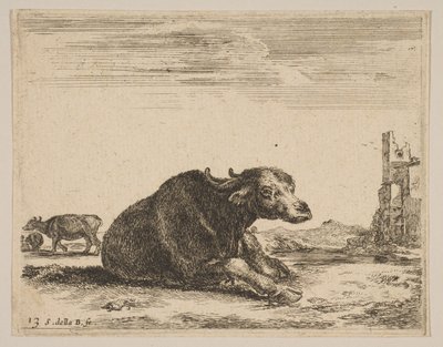 13. tábla: bivaly fekve, különböző állatokból Diversi animali, kb. 1641. alkotó: Stefano della Bella