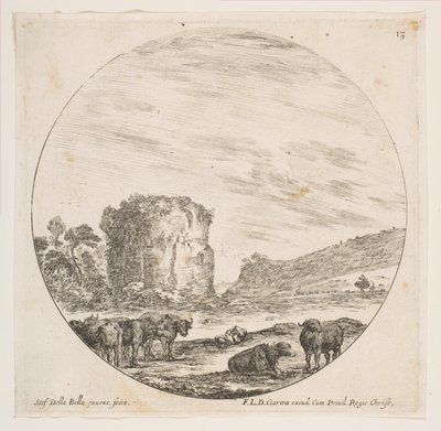 13. tábla: templomromok római tájon, római tájakból és romok P..., kb. 1646. alkotó: Stefano della Bella