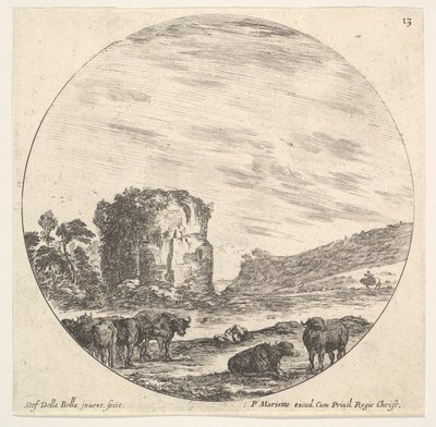 13. tábla: a háttérben egy ősi templom romjai, az előtérben tehéncsorda..., kb. 1643-48. alkotó: Stefano della Bella