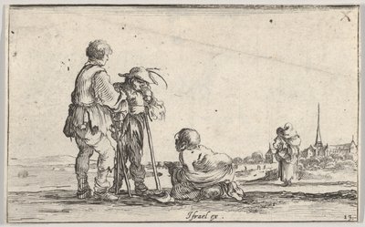 13. tábla: balra két paraszt áll, középen egy nyomorék térdel a földön, egy..., kb. 1642. alkotó: Stefano della Bella