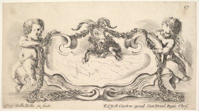 17. tábla: márvány középső kartotus, két oldalán csecsemő, kezében füzér ove..., 1646. alkotó: Stefano della Bella