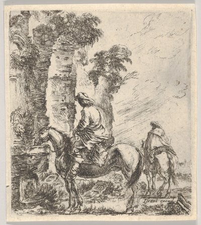 19. tábla: egy lovas a szökőkút medencéjéből itatja lovát a bal oldalon, egy másik h..., kb. 1646. alkotó: Stefano della Bella