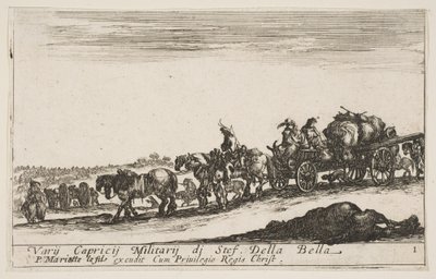 1. tábla: Embereket és árukat szállító lovas kocsi, előtérben döglött ló, f..., kb. 1641. alkotó: Stefano della Bella
