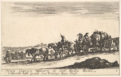 1. tábla: Embereket és árukat szállító lovas kocsi, előtérben döglött ló, f..., kb. 1641. alkotó: Stefano della Bella