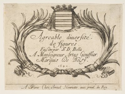 1. tábla: Két tenyér és egy címer keretezi a címet és a dedikációt, a „Vari...” címlapja, 1642. alkotó: Stefano della Bella
