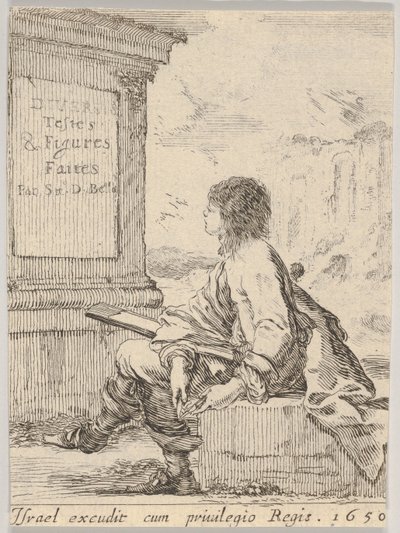 1. tábla: egy kövön ülő, profilban balra néző fiatalember, kezében egy rajzlappal ..., 1650. alkotó: Stefano della Bella