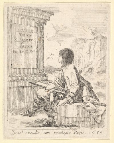 1. tábla: egy kövön ülő, profilban balra néző fiatalember, kezében egy rajzlappal ..., 1650. alkotó: Stefano della Bella