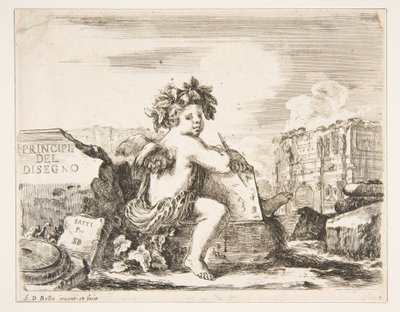 1. tábla: a rajz zsenije, egy szárnyas gyerek, egy sziklán ülve középen..., kb. 1641-43. alkotó: Stefano della Bella