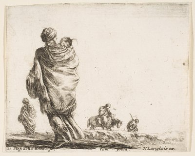21. tábla: balra szegény asszony, hátulról nézve, gyermekét kendőbe burkolja..., kb. 1644-47. alkotó: Stefano della Bella