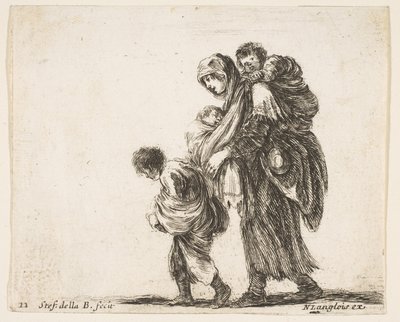 22. tábla: egy koldusasszony három gyermekkel, egy gyerek a vállán, egy gyerek..., kb. 1644-47. alkotó: Stefano della Bella