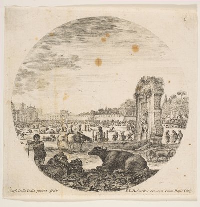 2. tábla: Campo Vaccino, egy bivaly és két pásztor középen, a Fontanone jobbra..., kb. 1646. alkotó: Stefano della Bella