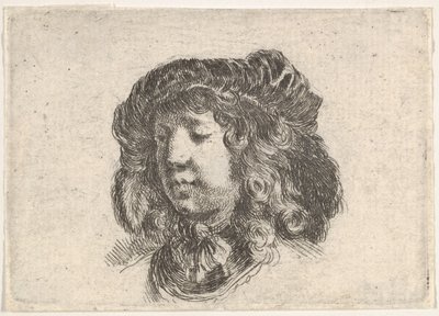 34. tábla: néhány tollal ékes sapkás fiatalember feje, háromnegyedre forgatva..., kb. 1646. alkotó: Stefano della Bella