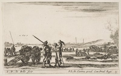 3. tábla: Egy tiszt parancsot ad egy katonának az előtér közepén, ágyú balra, a..., kb. 1641. alkotó: Stefano della Bella