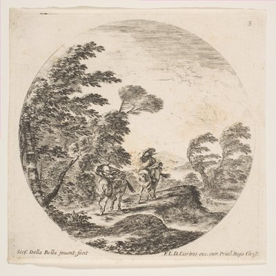3. tábla: szélvihar az erdőben, két lovas köpenyébe burkolózva, fúj a szél..., kb. 1646. alkotó: Stefano della Bella