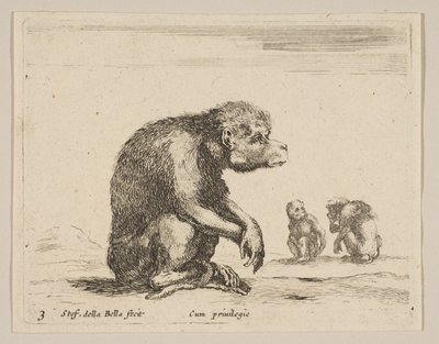 3. tábla: ülő majom, különféle állatokból Diversi animali, kb. 1641. alkotó: Stefano della Bella