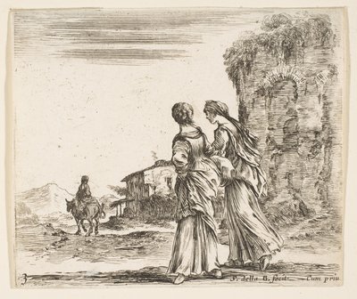 3. tábla: két lány balra sétál hátulról, egy nő lovon t..., kb. 1644-47. alkotó: Stefano della Bella