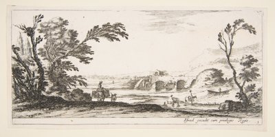 3. tábla: két lovas átkel a folyón jobbra, egy nő két kosárral egy szamár tetején..., kb. 1641. alkotó: Stefano della Bella