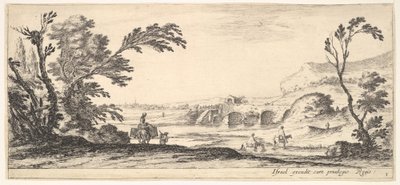 3. tábla: két lovas átkel a folyón jobbra, egy nő két kosárral egy szamár tetején..., kb. 1641. alkotó: Stefano della Bella