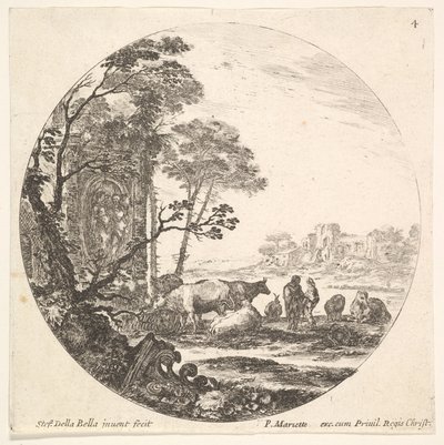 4. tábla: egy korinthoszi főváros a földön balra az előtérben, egy emlékmű, kb. 1643-48. alkotó: Stefano della Bella