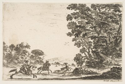 4. tábla: szarvasvadászat, két lovas vágtat balra három kutya és egy szarvas mögött..., 1642. alkotó: Stefano della Bella