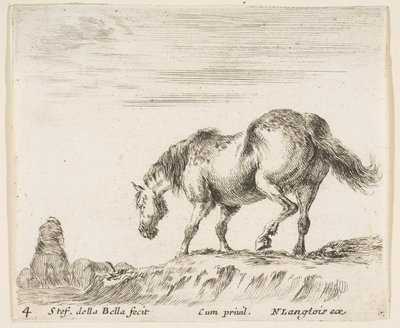 4. tábla: balra néző ló profilban, halomról leszállni készül, ló..., kb. 1644-47. alkotó: Stefano della Bella