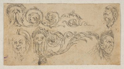 4. tábla: öt groteszk fej, a „Frízek, lombok és groteszkek”-ből Frises, feu..., kb. 1642-43. alkotó: Stefano della Bella