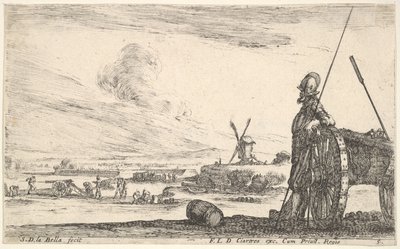 5. tábla: Egy Pikeman közvetlenül egy kanonok mellett áll, más katonai alakok a ba..., kb. 1641. alkotó: Stefano della Bella
