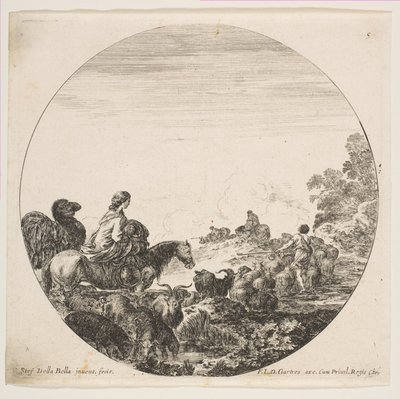 5. tábla: bal oldalon egy nő, aki gyermeket cipel lovon, egy teve követi, egy falka..., kb. 1646. alkotó: Stefano della Bella