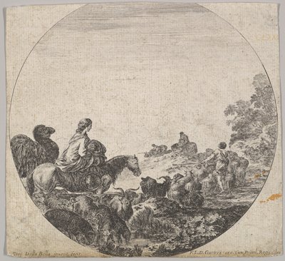 5. tábla: balra lovon gyermeket szállító nő, teve követi, csorda..., kb. 1643-48. alkotó: Stefano della Bella