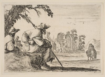 5. tábla: balra két kalapos zarándok, hátulról nézve lovas lovagol felé..., 1642. alkotó: Stefano della Bella