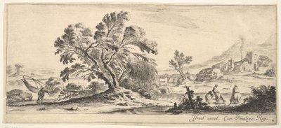 6. tábla: balra hálót cipelő halász, jobbra két lovas patakban, fa..., kb. 1641. alkotó: Stefano della Bella