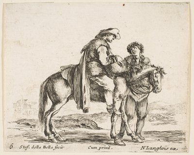 6. tábla: lóháton jobbra néző paraszt, kezében kosár és t..., kb. 1644-47. alkotó: Stefano della Bella