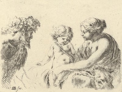 6. tábla: egy nő a jobb oldalon, kezében a gyermekével, aki egy szamár tetején ül, egy szatír a..., kb. 1646. alkotó: Stefano della Bella