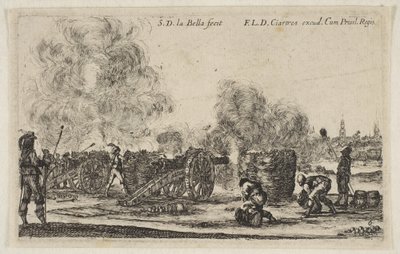 6. tábla: városra lőtt ágyúüteg, a Various Military Caprices Varii ...-ból, kb. 1641. alkotó: Stefano della Bella